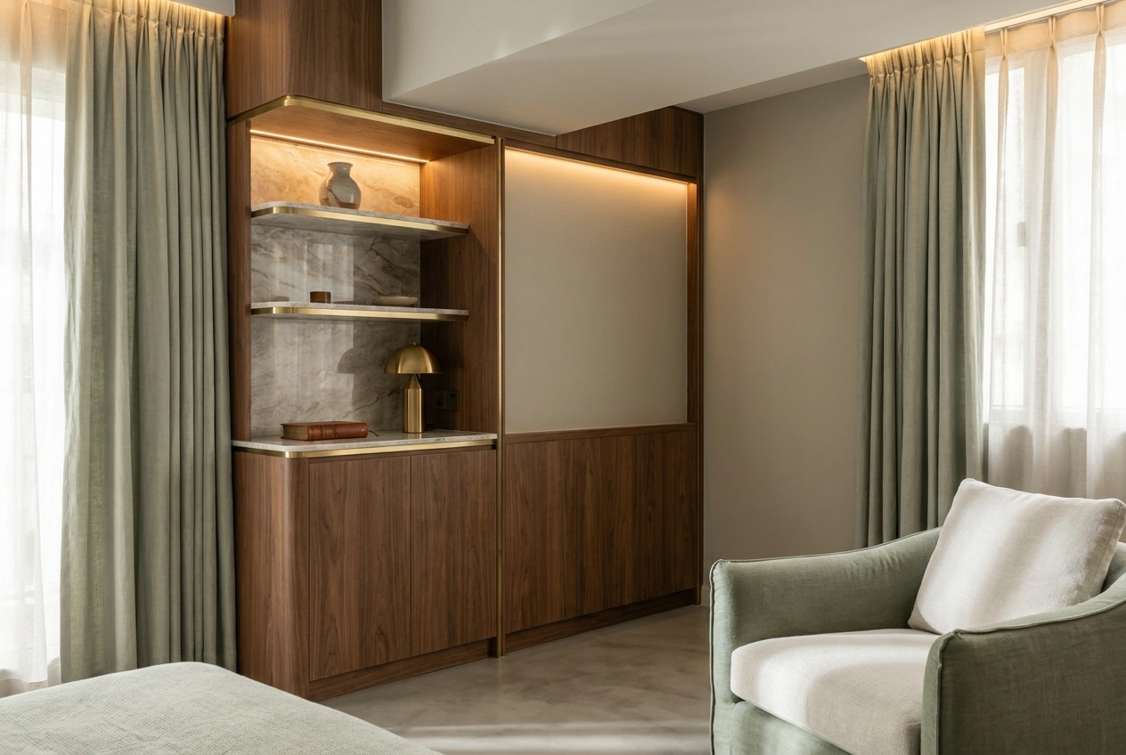 Compact Hong Kong flat with one focused light luxury moment of marble-look joinery and a brass detail against a calm neutral base