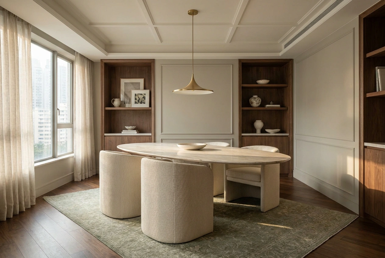 Restrained light luxury Hong Kong dining area balancing a marble-look table and brass with warm fabric so it feels elegant not flashy