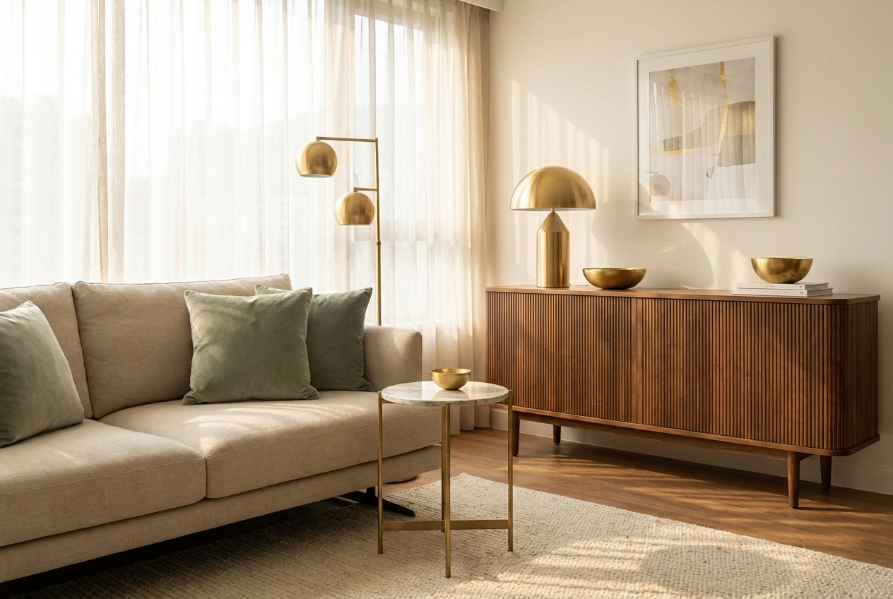 Cream-warm Hong Kong interior lifted by a light luxury layer of subtle sheen and a marble-look surface over a soft calm base