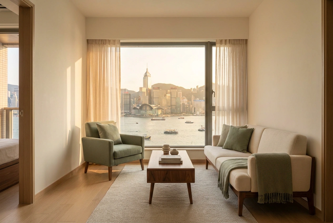 Compact Hong Kong living room with seating arranged toward a window focal point overlooking the city, paths kept clear