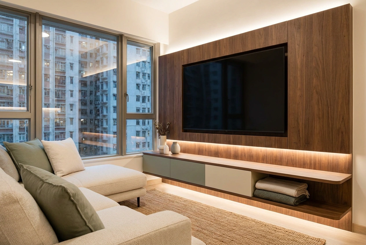 Living room feature wall in a Hong Kong flat integrating a wall-mounted television with concealed cabling and timber storage