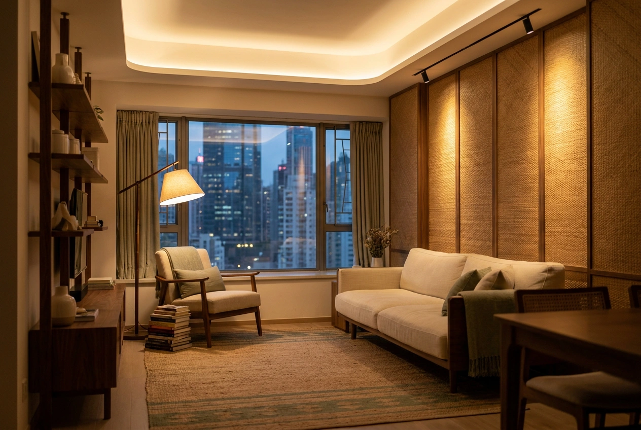 Hong Kong living room at dusk lit in three layers, ambient ceiling glow, a reading lamp and accent light washing a feature wall