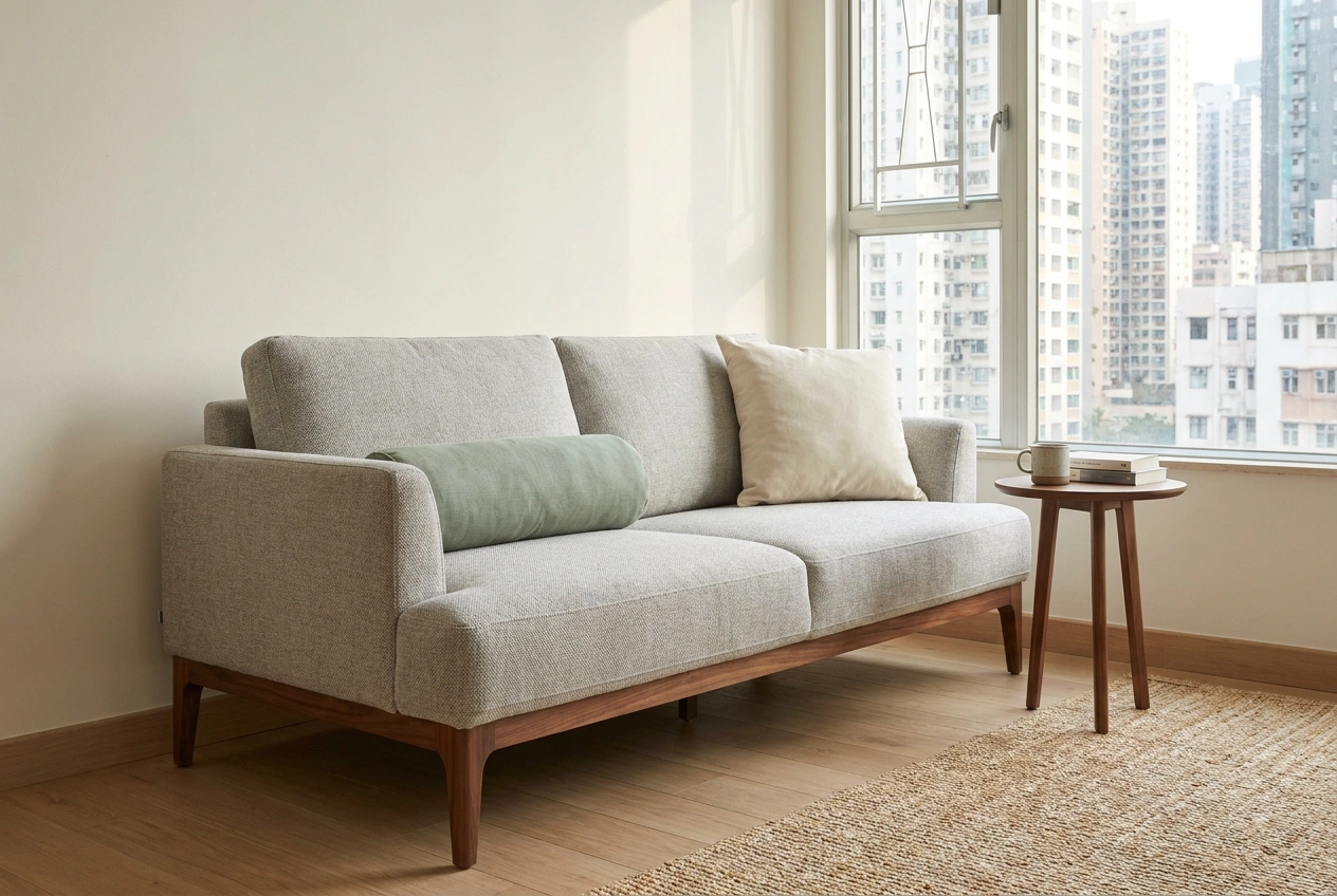 Slim low-backed sofa on raised legs in a small Hong Kong living room, visible floor beneath keeping the space feeling open