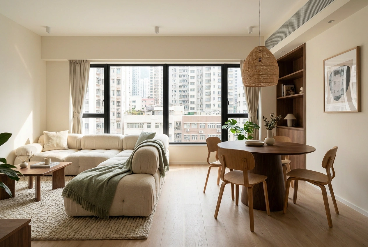 Combined living and dining area in a Hong Kong flat, a rug anchoring the living zone and a pendant marking the round dining table