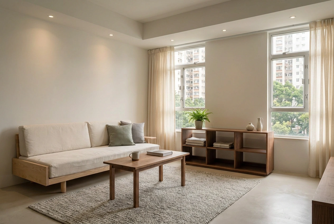 MUJI style Hong Kong living room with pale wood, off-white and soft grey, plain natural fabrics and an uncluttered calm feeling