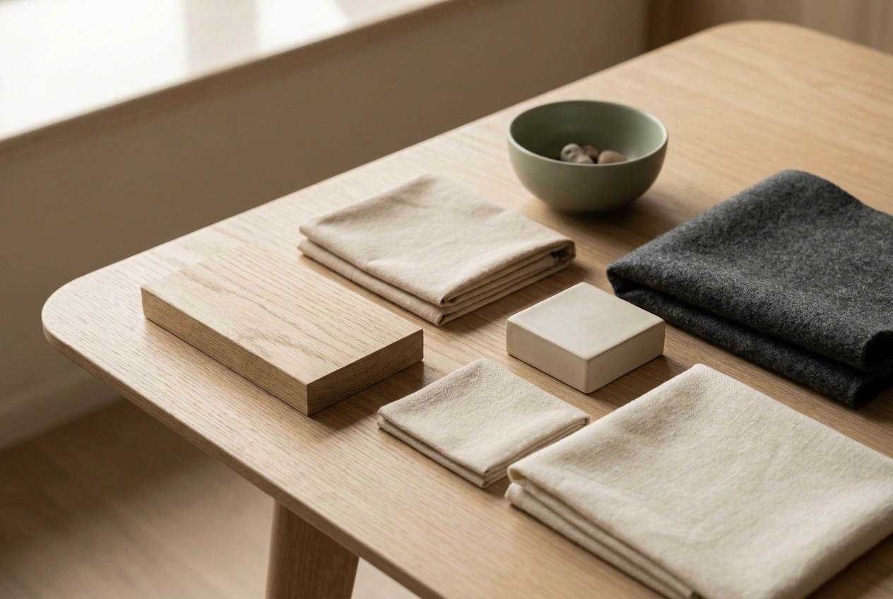 MUJI material detail with pale timber, cotton and linen and simple matt finishes in a light off-white and soft grey palette
