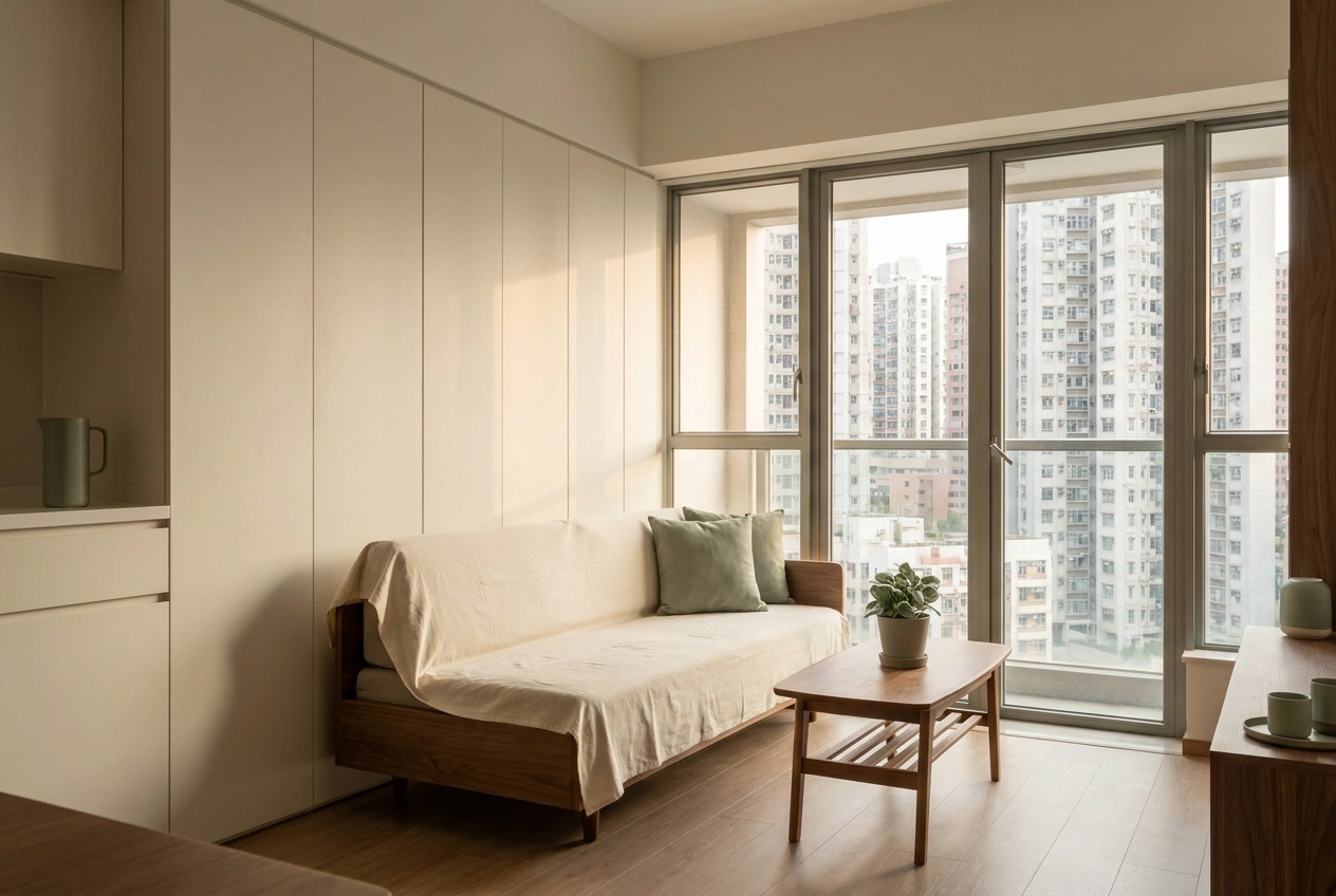 Small Hong Kong flat in MUJI style with low simple furniture and generous concealed storage keeping every surface clear and calm