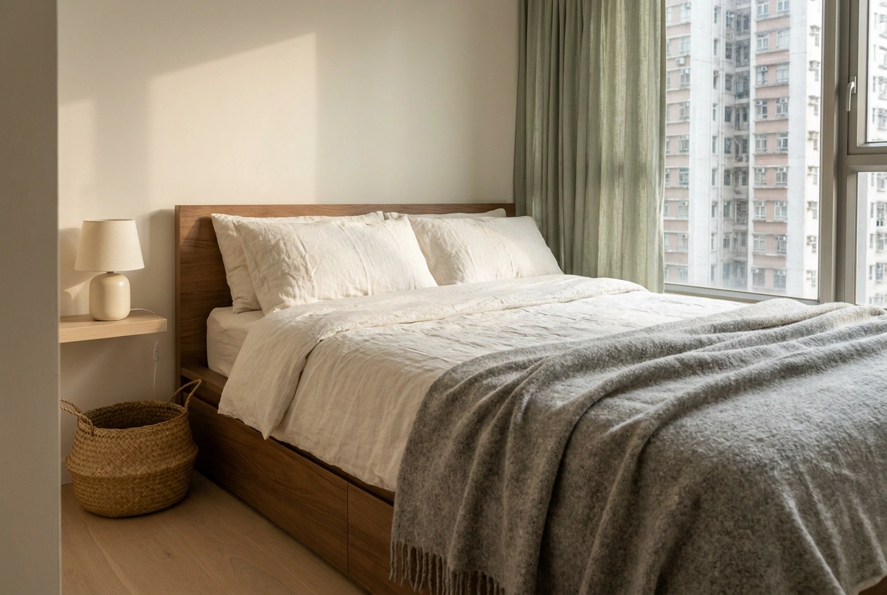 MUJI style Hong Kong bedroom corner adding pale wood and soft fabric warmth so the simple space feels serene rather than plain