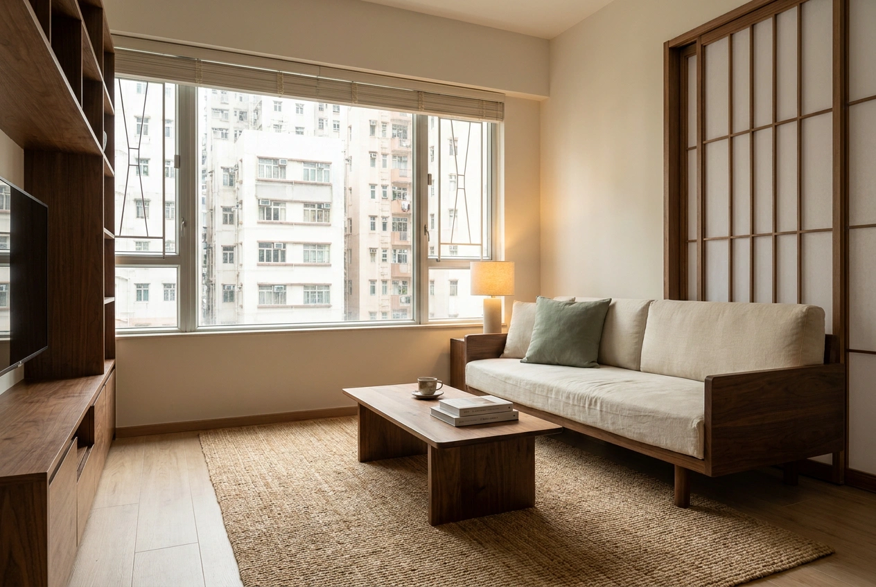 MUJI base interior in a Hong Kong flat with a Scandinavian lift adding a touch more brightness and a gentle muted accent