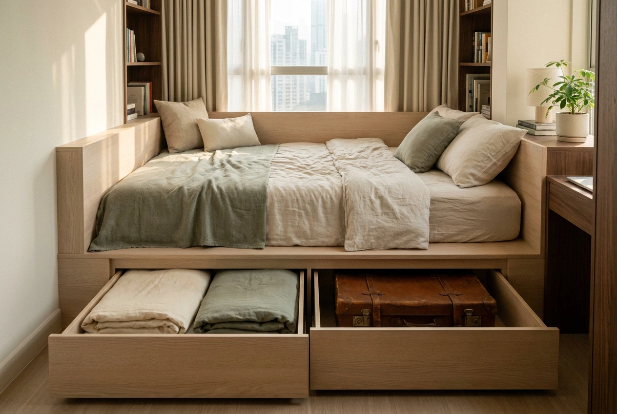 Custom platform bed in a small Hong Kong bedroom with wide pull-out drawers open along the side revealing hidden bedding and luggage storage