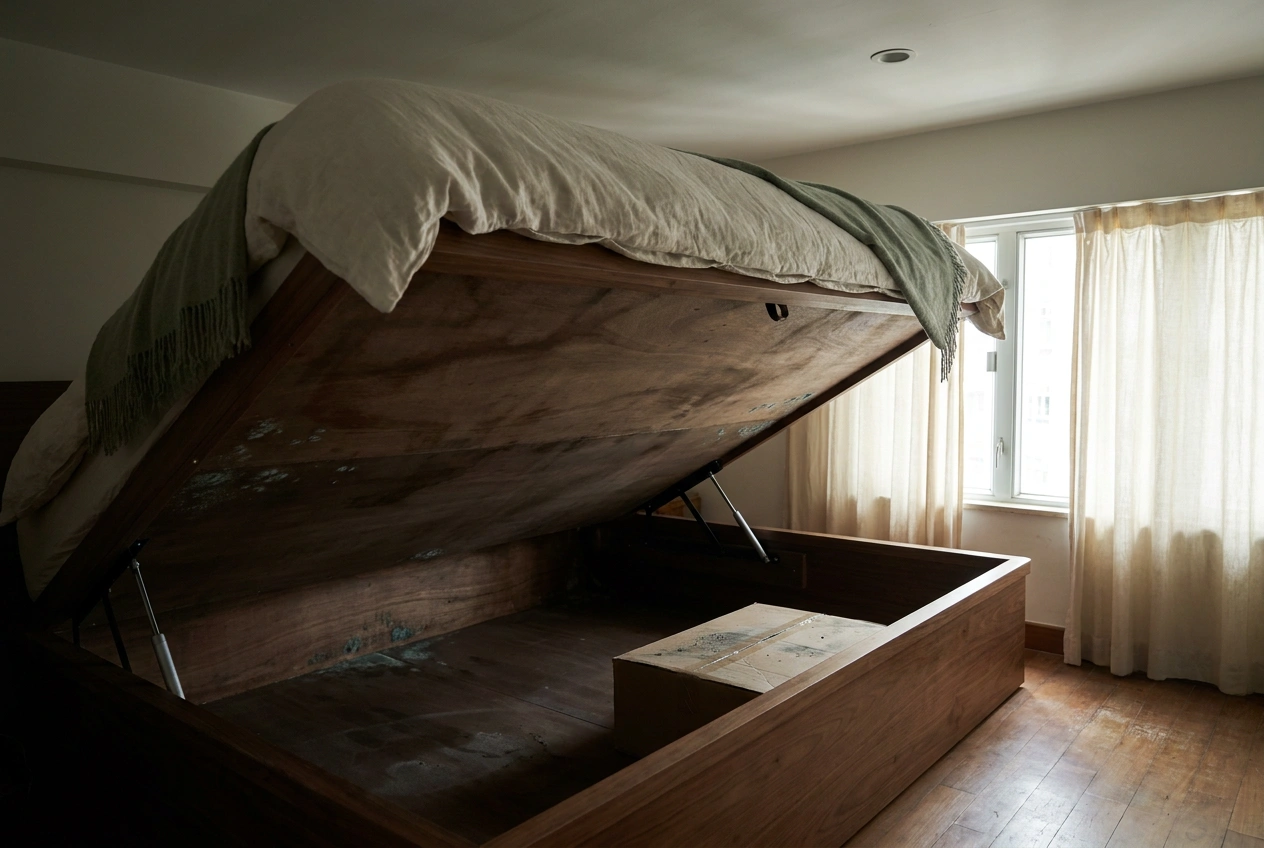 Underside of a sealed platform bed base lifted to show a dark closed cavity with faint damp mould patches on the board in a humid Hong Kong flat