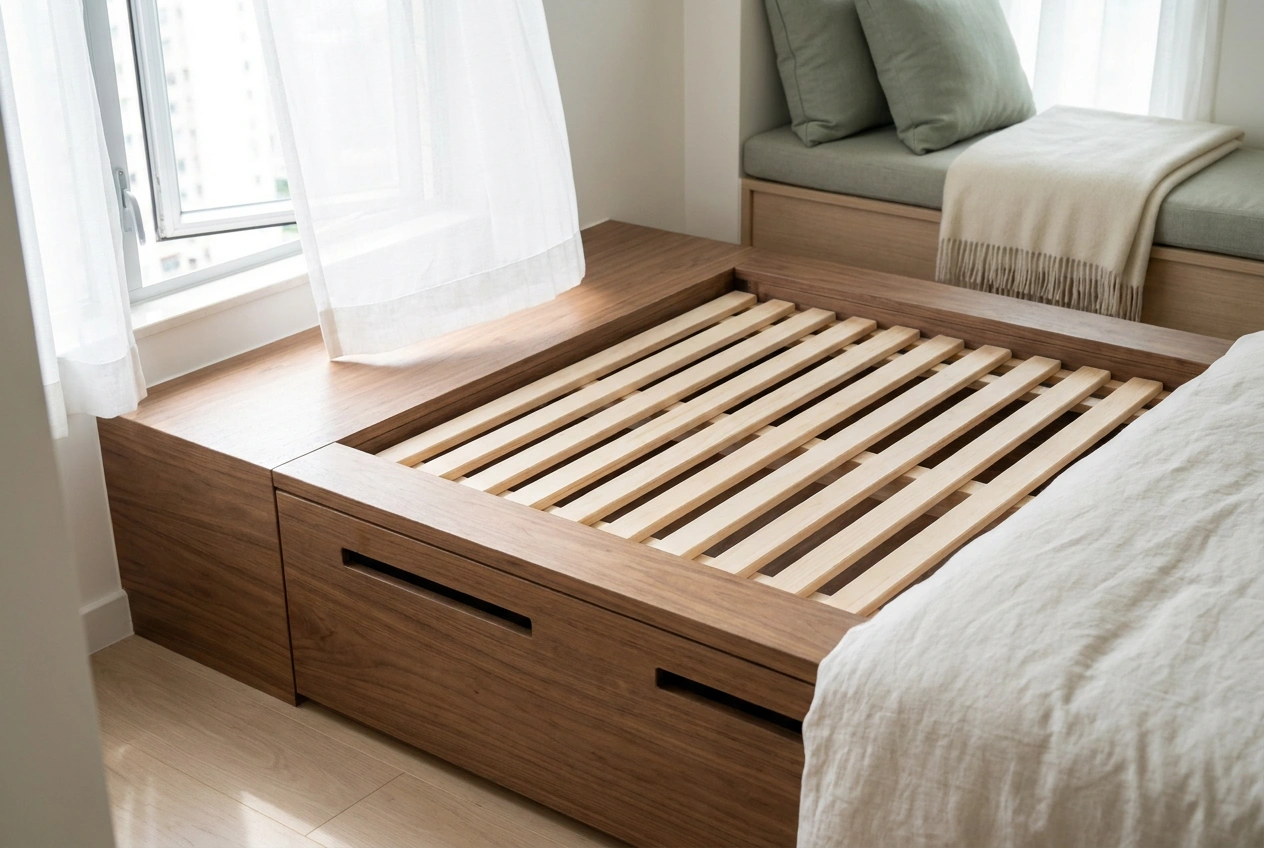 Slatted timber bed base on a platform bed frame allowing air to circulate under the mattress for ventilation in a humid Hong Kong bedroom