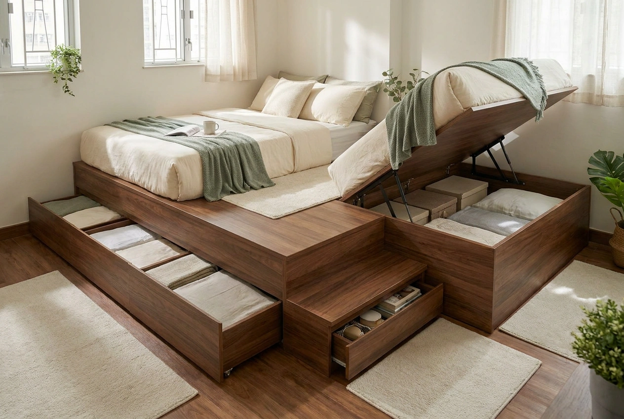 Platform bed combining everyday side drawers with a step that doubles as a drawer next to a lift-up section in a Hong Kong bedroom