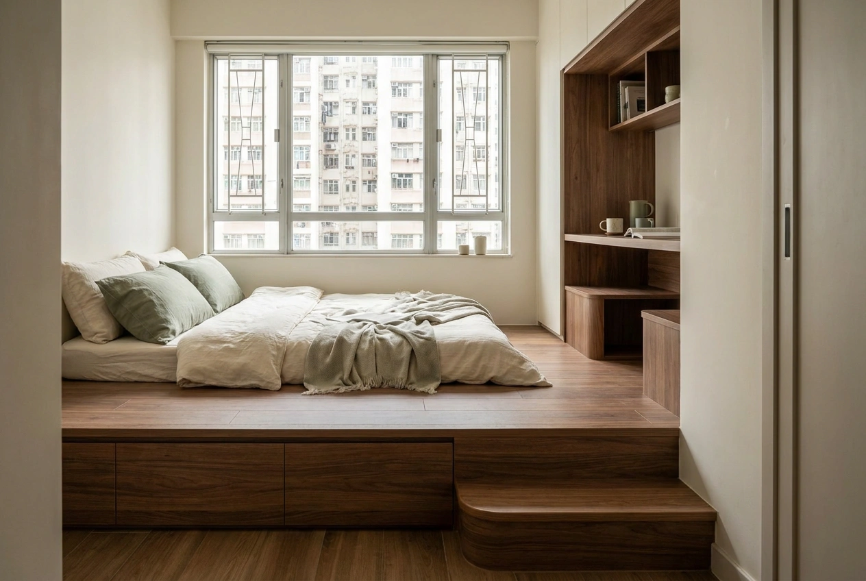 Full-room raised platform creating a Japanese-style sleeping and study zone in a compact Hong Kong studio flat with low seating and a desk