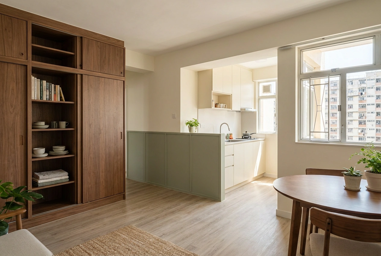 Public rental flat in Hong Kong refreshed with fitted storage and upgraded finishes while keeping the kitchen and bathroom in their fixed positions