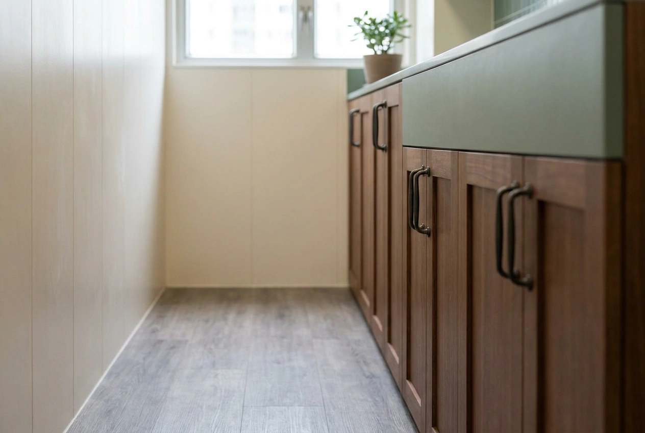 Hard-wearing finishes for a Hong Kong public housing flat: scratch-resistant flooring, wipe-clean wall panels and solid cabinetry with reliable hardware