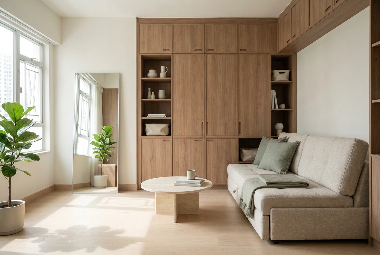 Compact Hong Kong public housing flat made to feel larger with full-height storage, a multifunctional sofa bed, a mirror and a restrained light palette