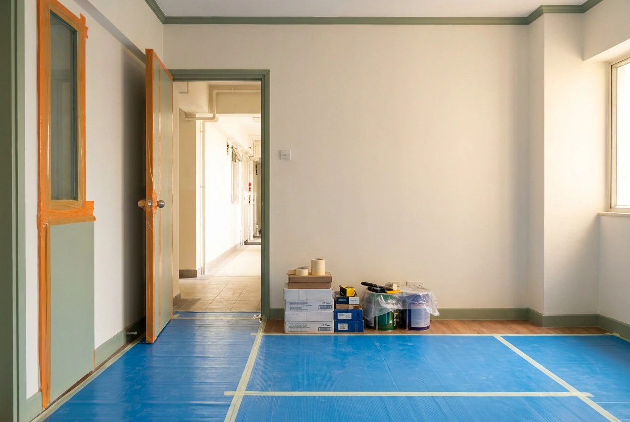 Renovation team preparing a Hong Kong public housing flat with lift protection and floor coverings, working within estate management rules