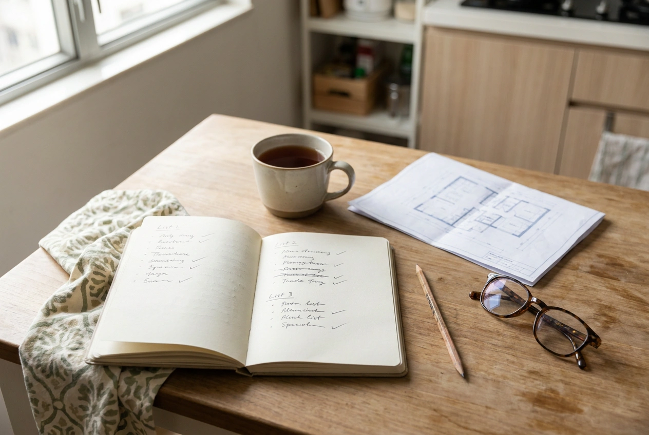 An open notebook on a kitchen table listing renovation needs in three columns beside a mug of tea and a floor plan in a compact Hong Kong flat