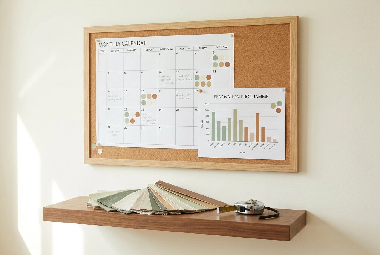 A wall planner and printed renovation schedule pinned in a home office with key dates and material lead times marked, beside swatches and a tape measure