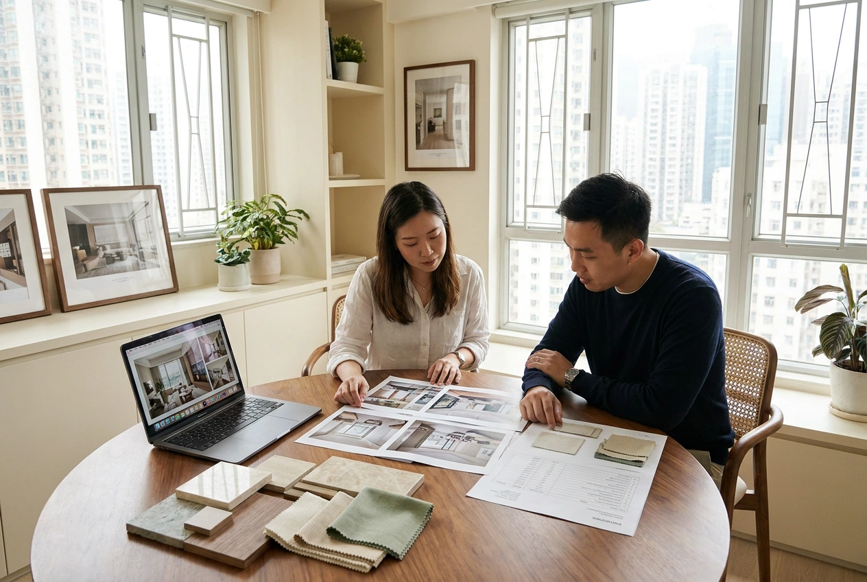 A designer and client reviewing completed project photos and a quotation across a studio table in a Hong Kong interior design firm