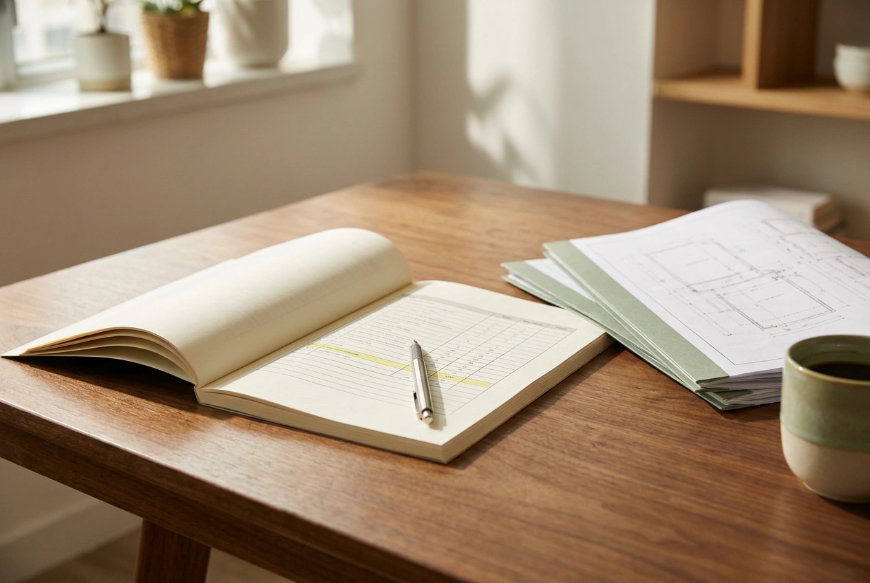 A renovation contract with a payment schedule and scope of works laid open on a desk, a pen resting on a clause, beside a stamped set of drawings