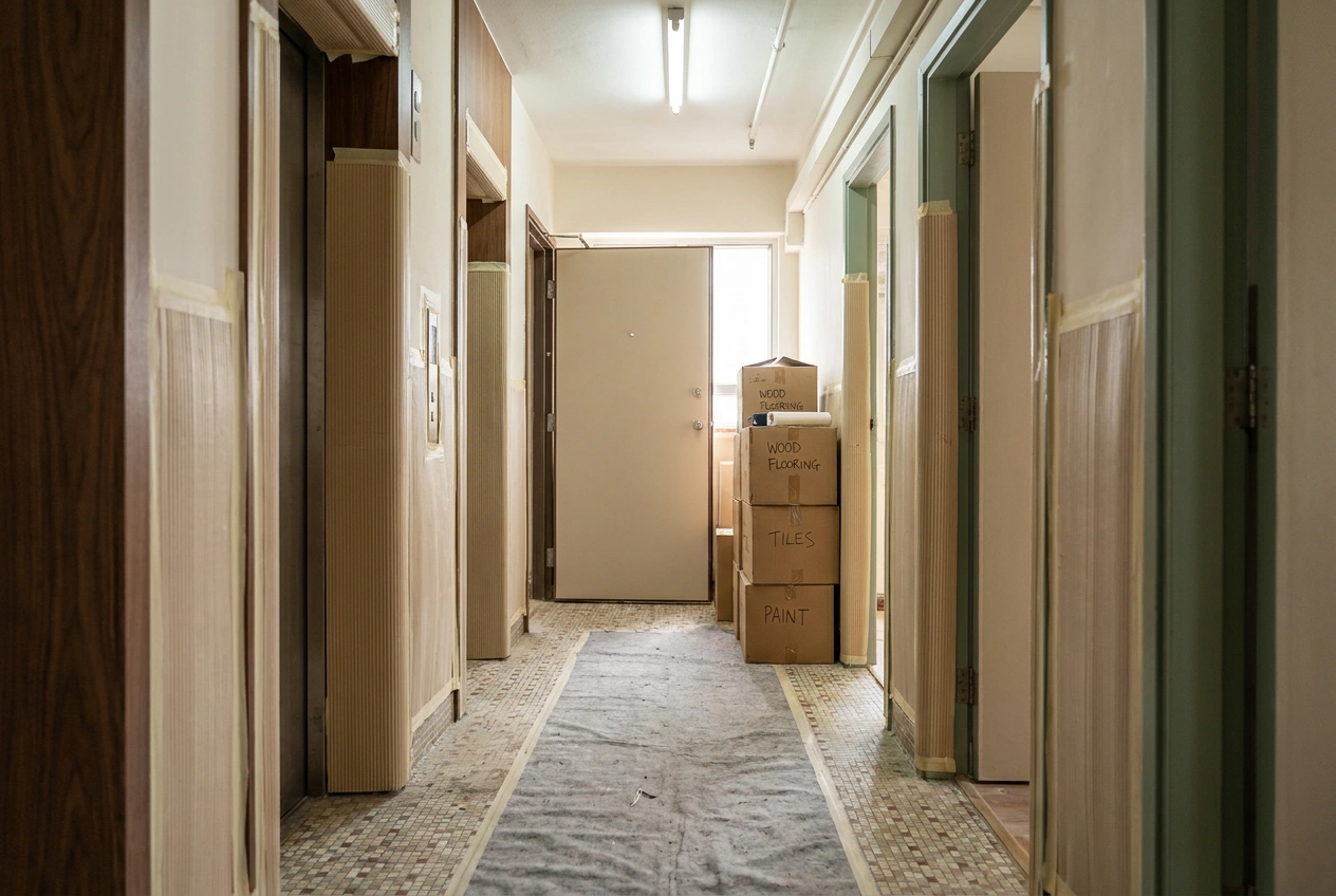 Renovation site protection in a Hong Kong building corridor, corrugated lift padding and floor sheeting in place outside a flat undergoing works