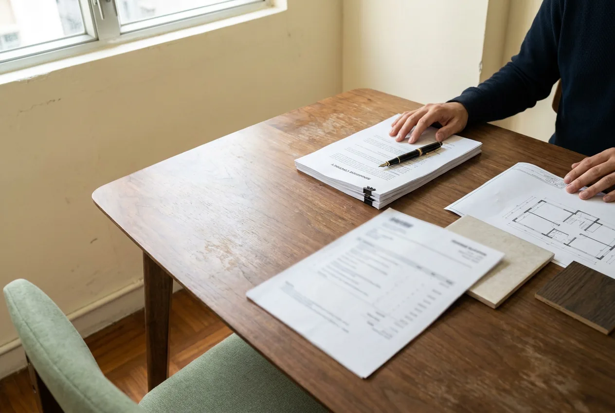 A renovation contract, an itemised quotation and a floor plan on a studio meeting table, one hand pointing at a clause