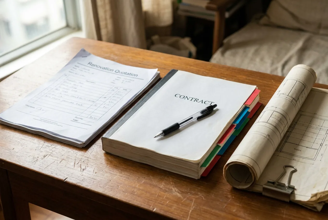 A stapled renovation quotation beside a thicker bound contract with tabbed pages and clipped drawings