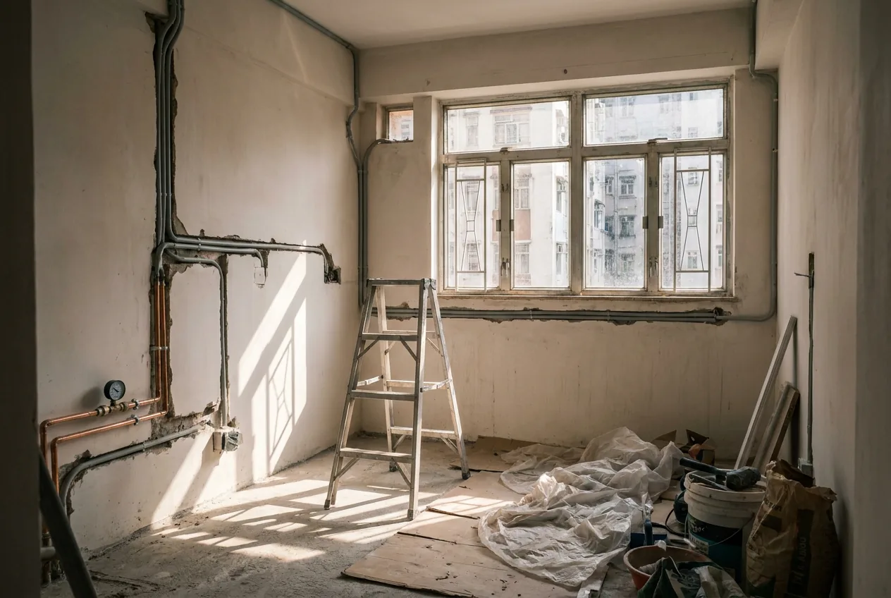 A Hong Kong flat mid-renovation with new conduit and copper pipes in chased walls and a pressure gauge on the pipework