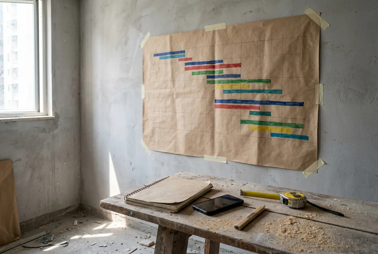 A construction programme chart pinned to a bare wall on a renovation site, with a site diary and phone on a workbench