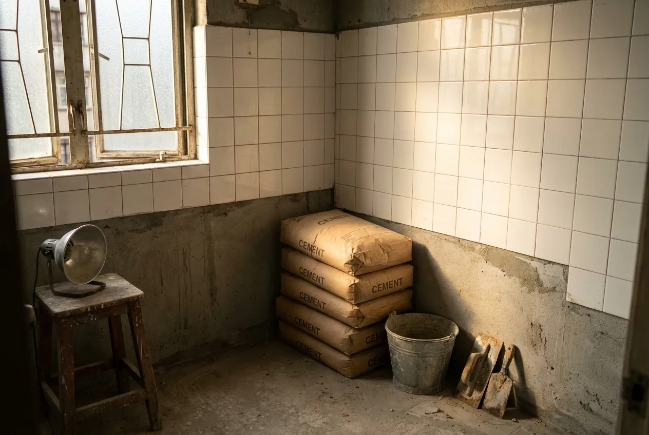 A stalled renovation in a small flat, with half-finished tiling, cement bags and abandoned tools