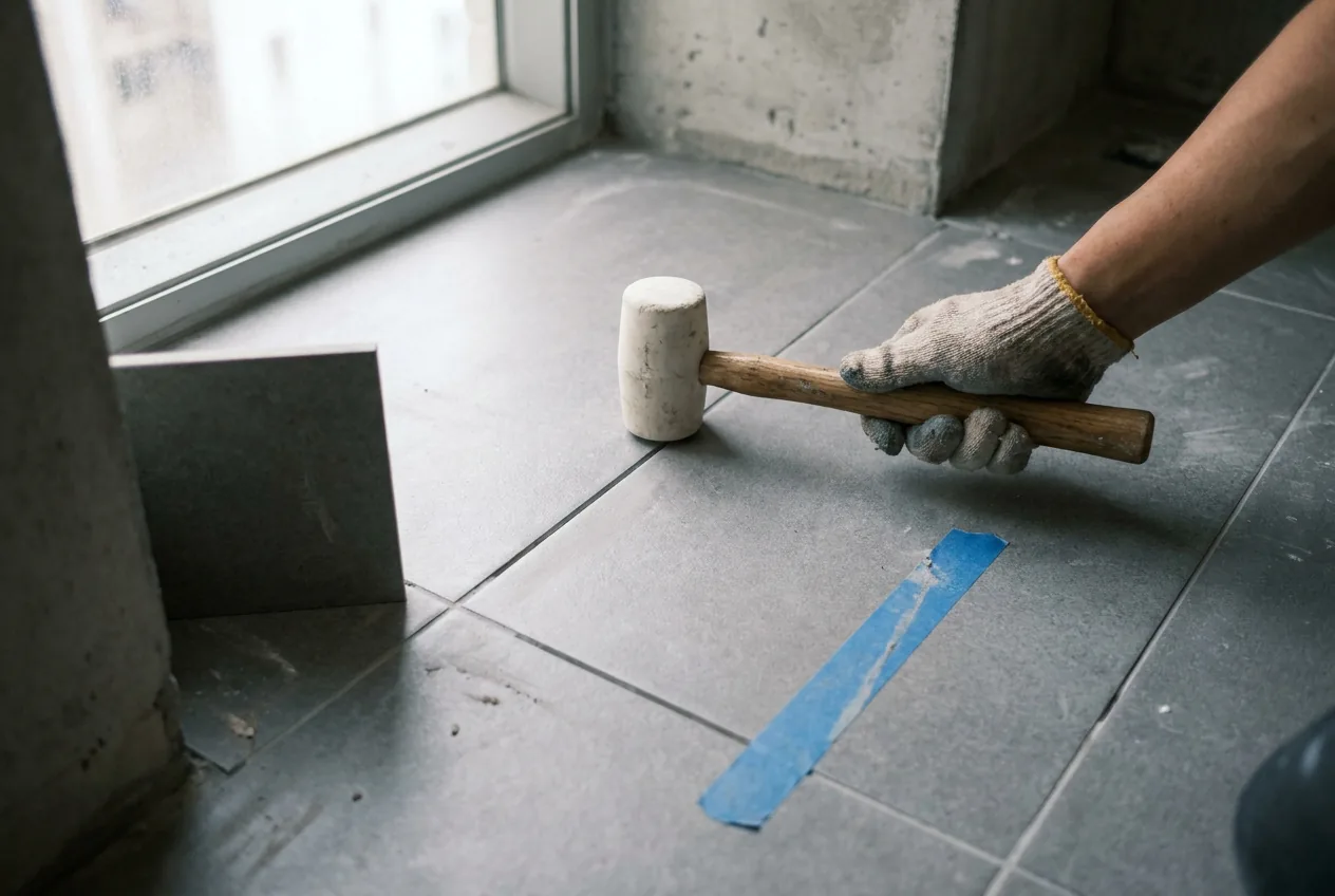A hand tapping a porcelain floor tile with a rubber mallet, one tile marked with blue masking tape