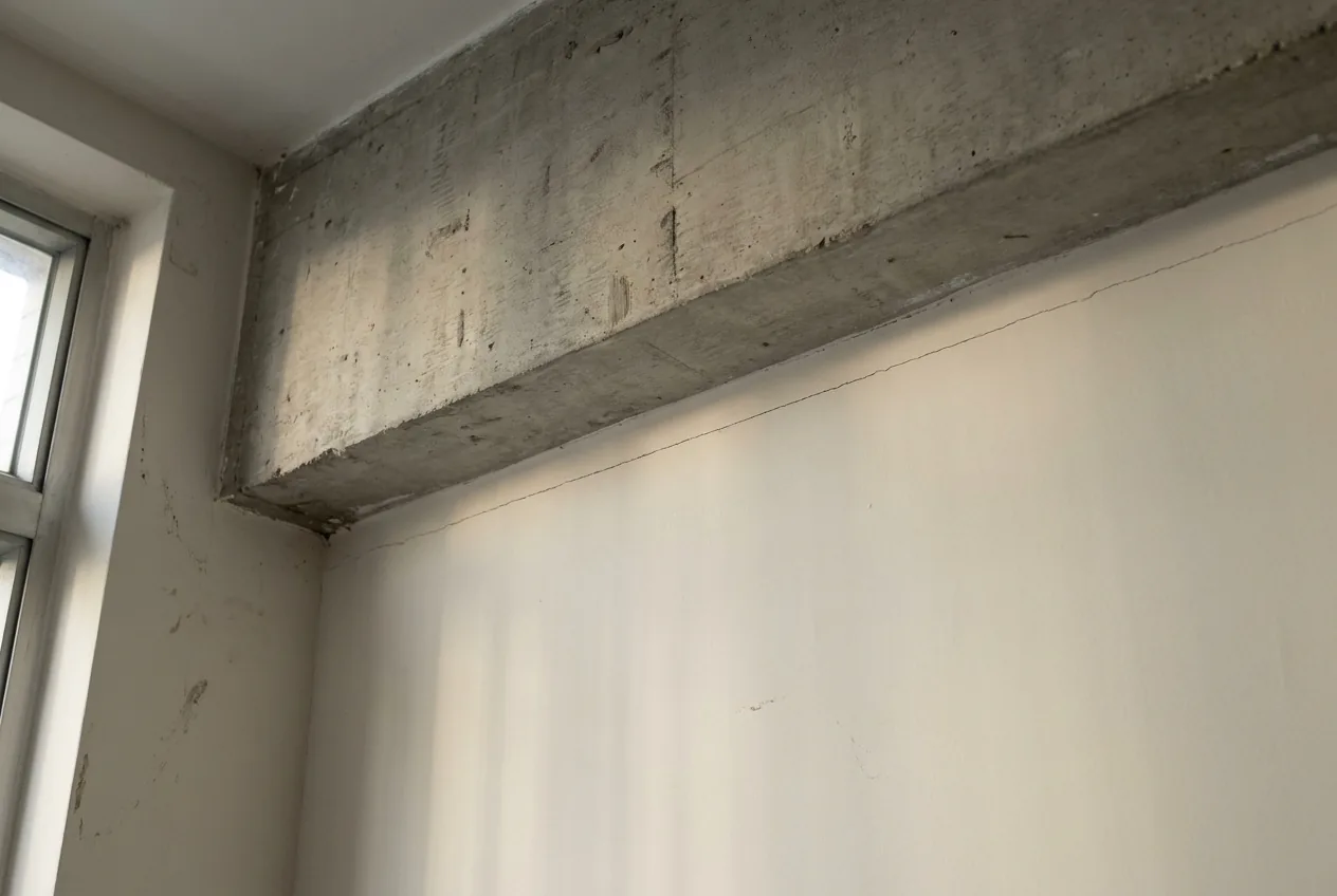 A fine straight crack along the joint between a new partition wall and a concrete ceiling beam