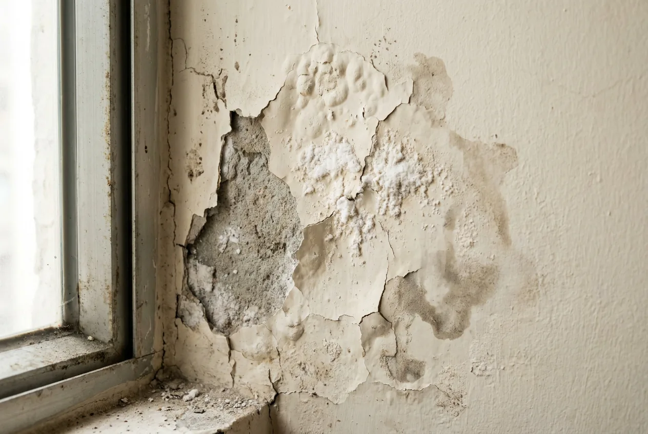 Blistering, peeling paint beside a window with white efflorescence salt deposits breaking through