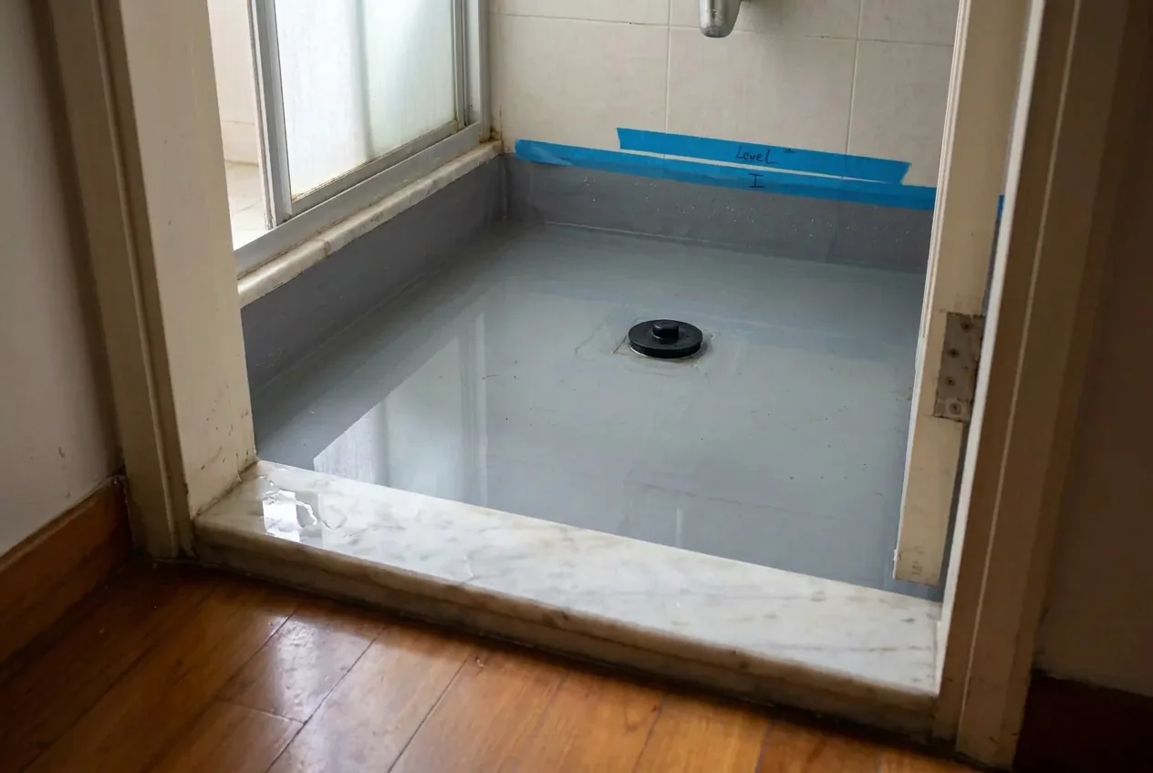 A ponding test on a newly waterproofed bathroom floor, with water held back by a marble threshold stone