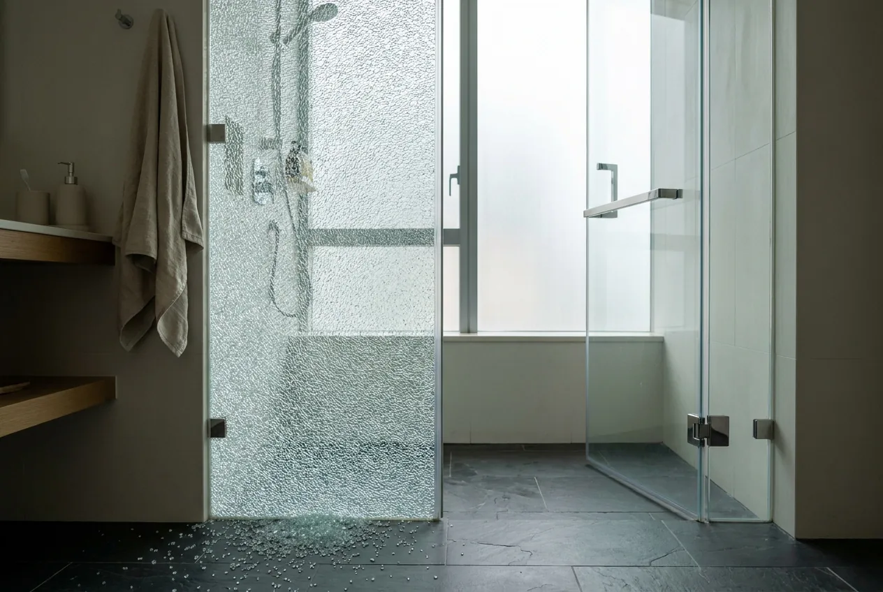 A tempered glass shower screen shattered into small granules, held in place by a clear safety film