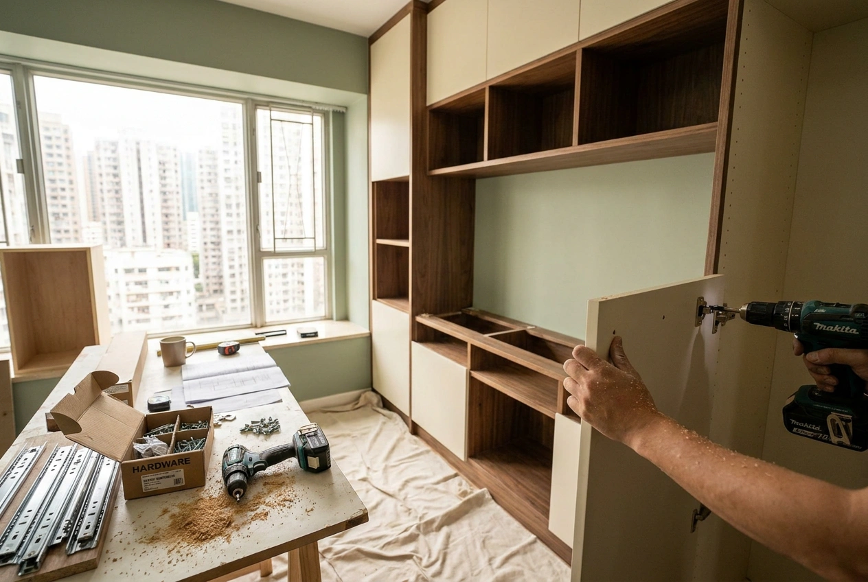A custom joinery cabinet under construction in a Hong Kong flat with visible carcass boards, hinges and drawer runners being fitted by hand