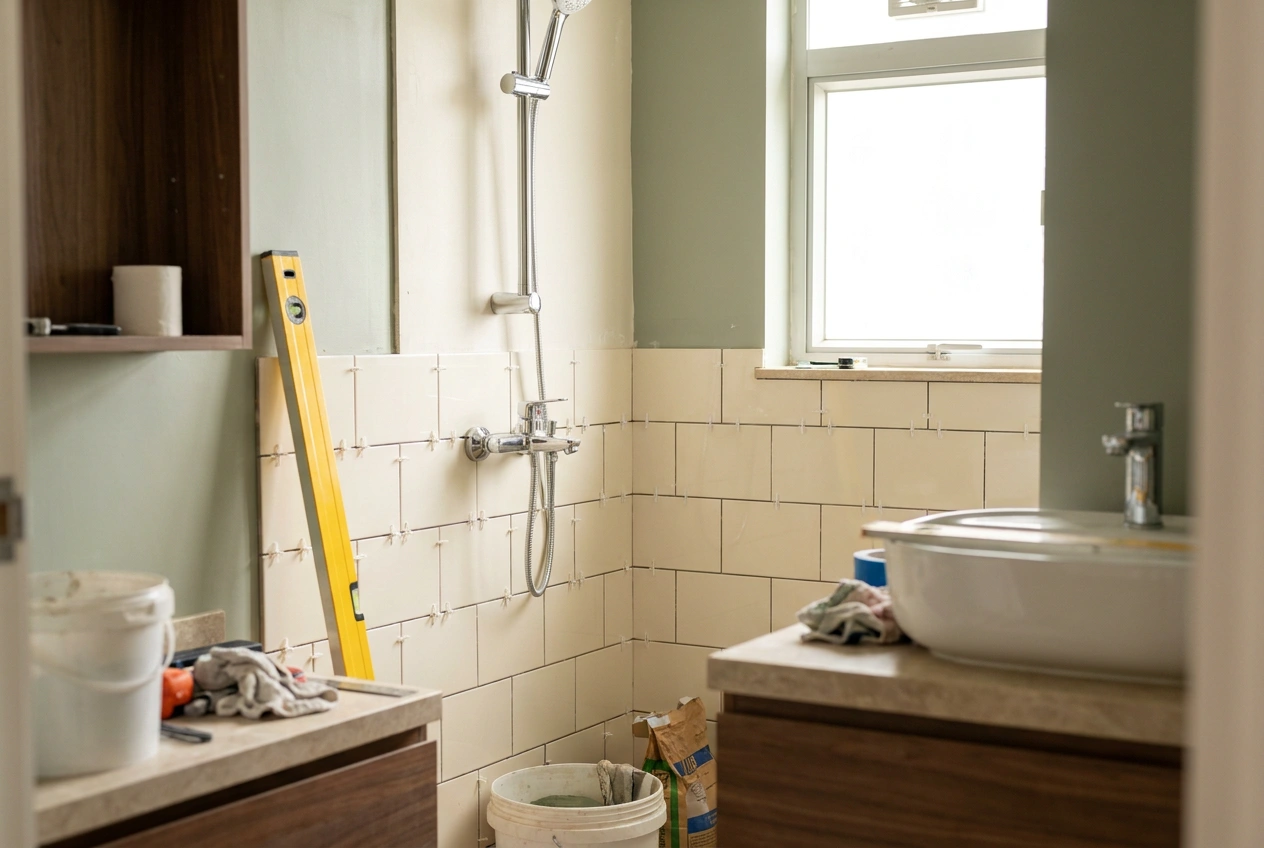 A Hong Kong bathroom mid-fit with wall tiling part-laid, a tap and shower fitting installed, and a new worktop area beside the basin
