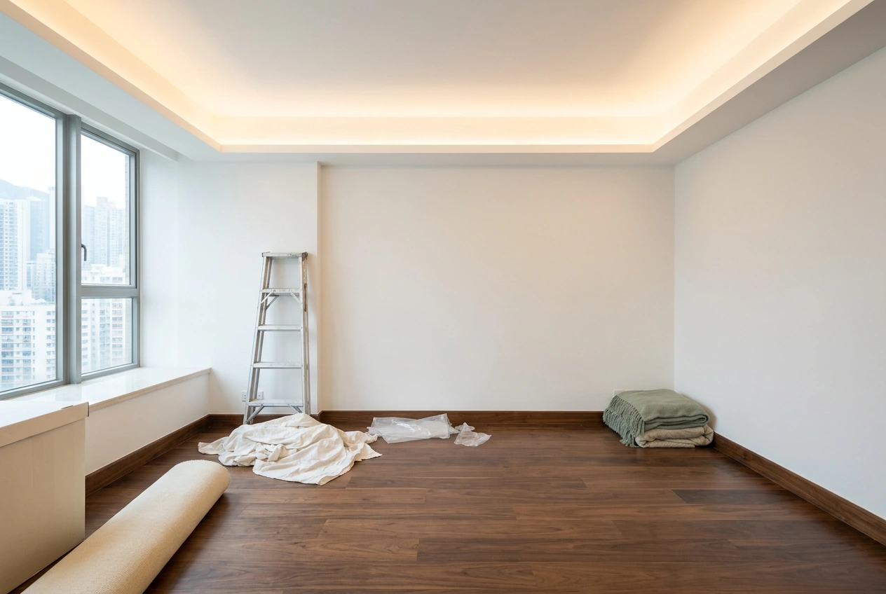 A finished Hong Kong room near handover with a false ceiling, recessed lighting trough, skirting and fresh paint, ready for inspection