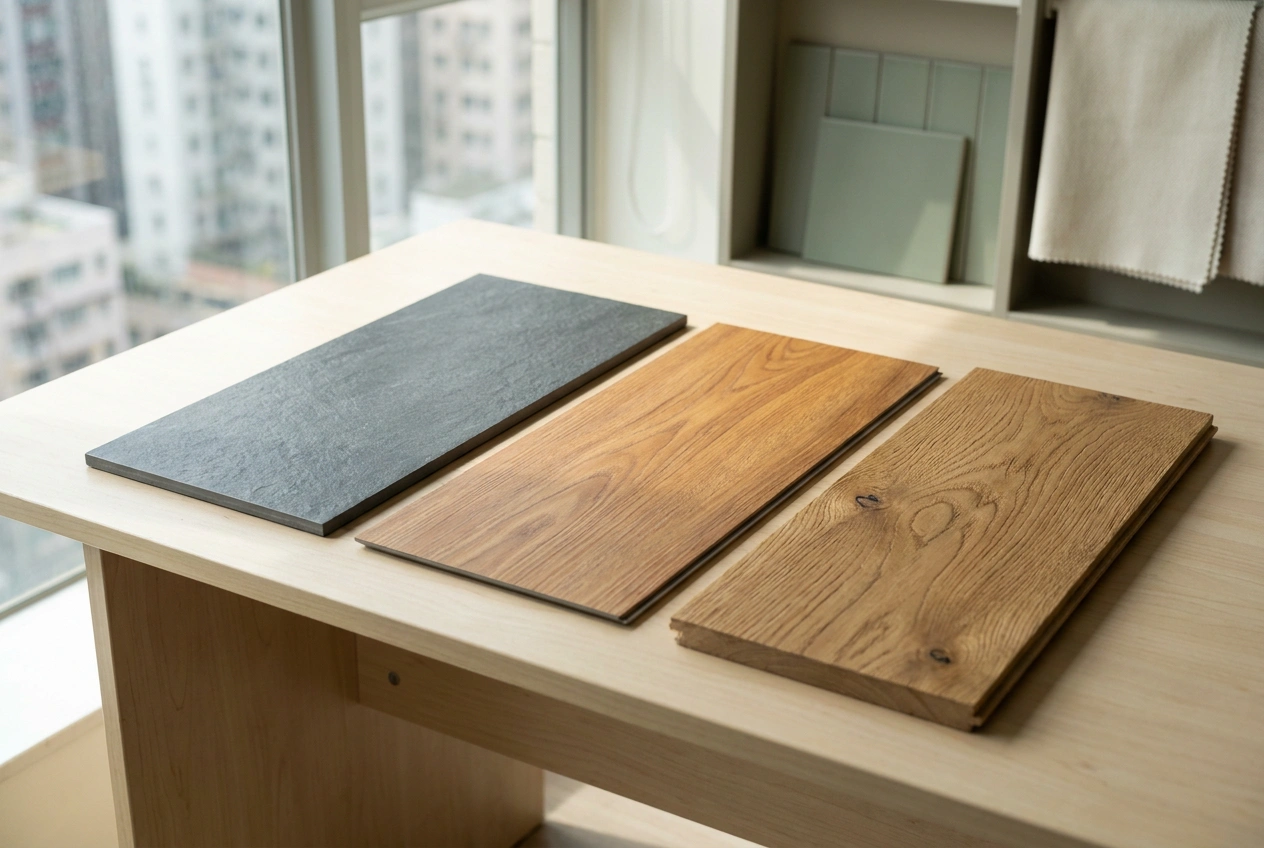 Three flooring samples side by side, a porcelain tile, a wood-effect vinyl plank and an engineered oak board, laid on a workbench for comparison