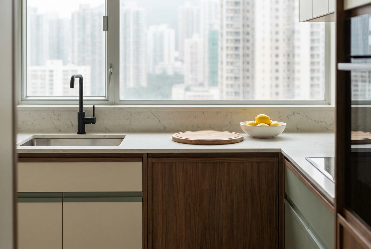 A modern Hong Kong kitchen with an engineered stone worktop, an undermount sink and a tap, lit by daylight from a window above the counter
