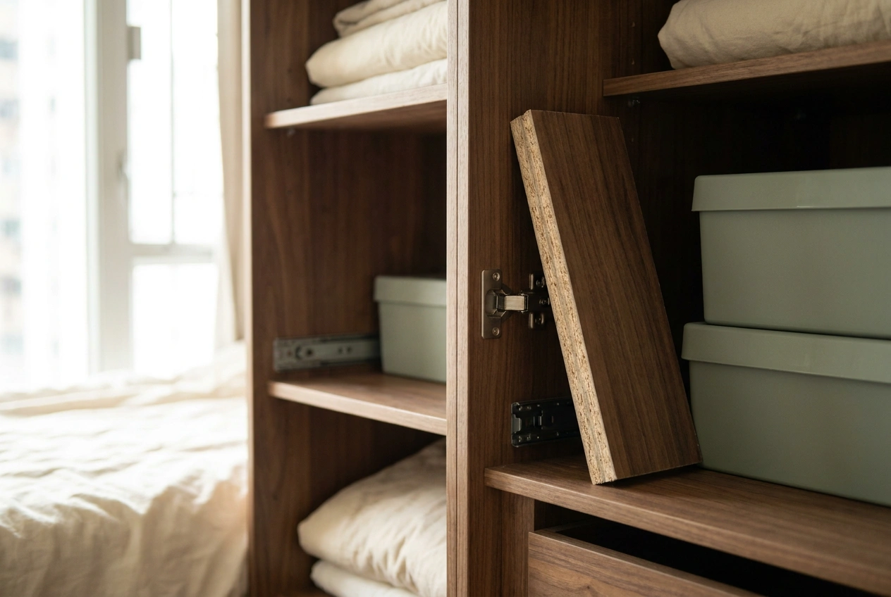 A cut-edge cross-section of moisture-resistant joinery board beside an open custom cabinet carcass, showing the structure behind a Hong Kong wardrobe