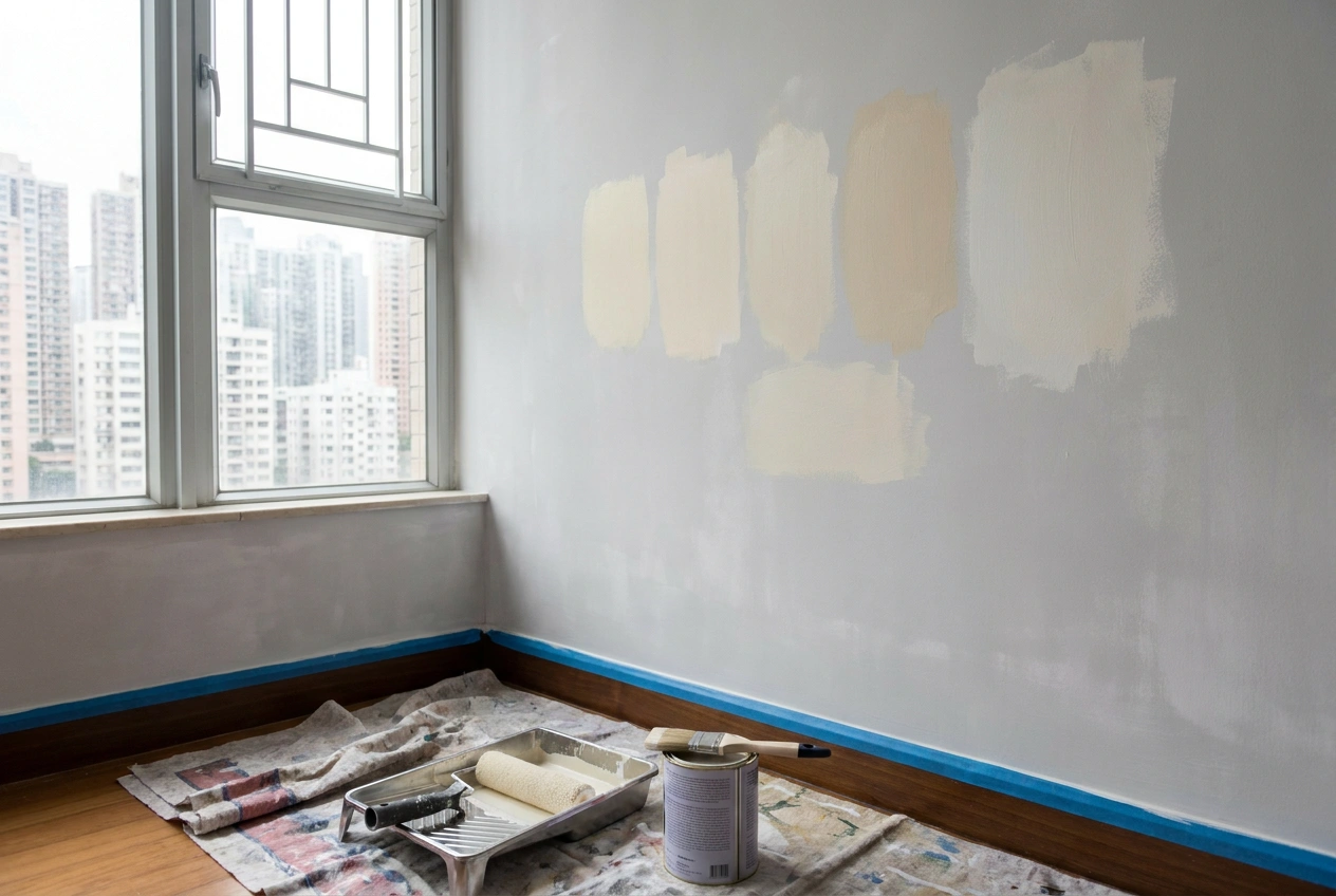 Painted colour-swatch patches brushed onto a Hong Kong flat wall in soft neutrals, beside a roller, a brush and a tin on a dust sheet