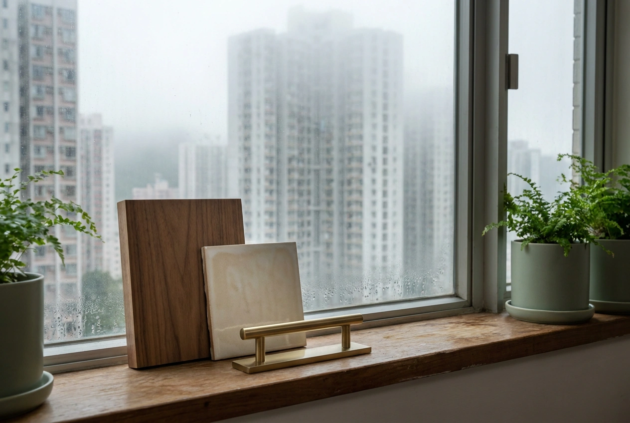 A rain-streaked Hong Kong window beside a moisture-resistant timber surface, illustrating how the humid climate shapes material choices indoors