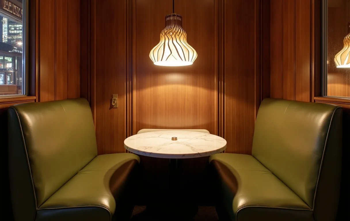 Intimate restaurant banquette booth with olive-green leather seating, a walnut divider and a marble table under a sculptural pendant light