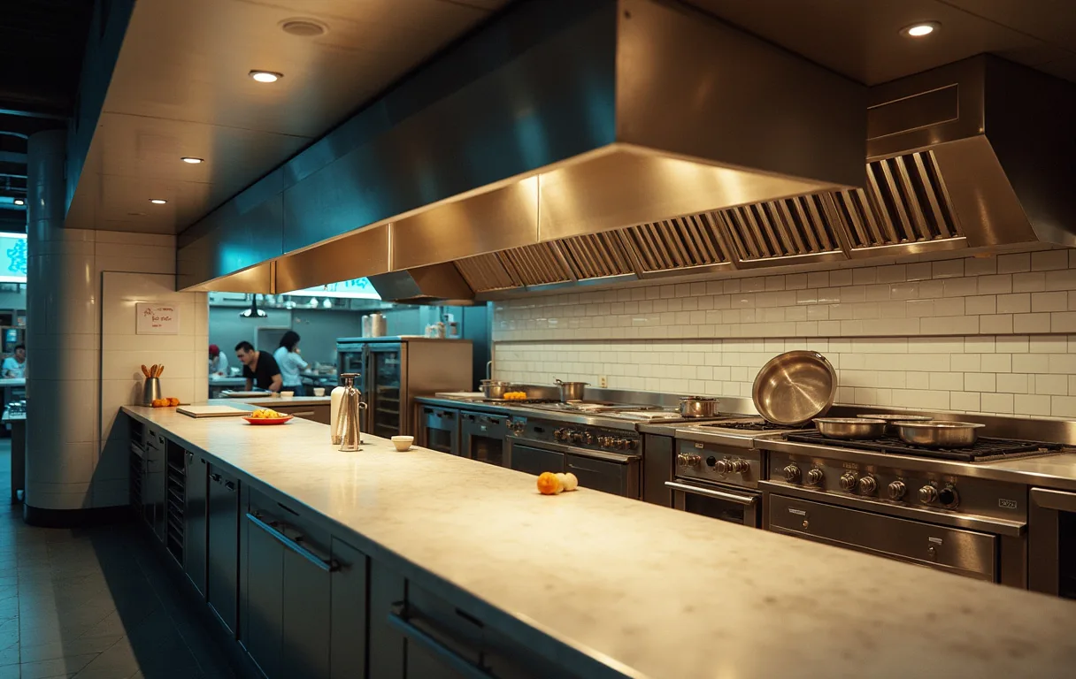 Professional stainless-steel commercial kitchen with a large extraction canopy over the cooking line and subway-tiled walls
