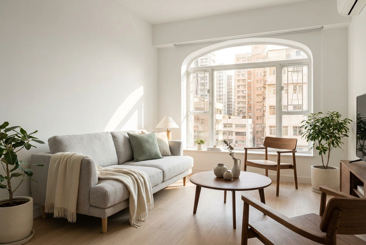 Scandinavian style Hong Kong living room with bright white walls, warm pale wood and clean simple forms feeling fresh and cosy