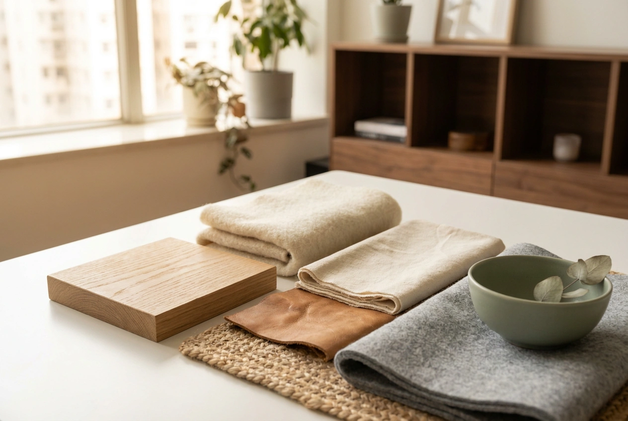 Scandinavian material detail with light timber, wool, cotton, leather and natural fibres balancing a bright base with warmth