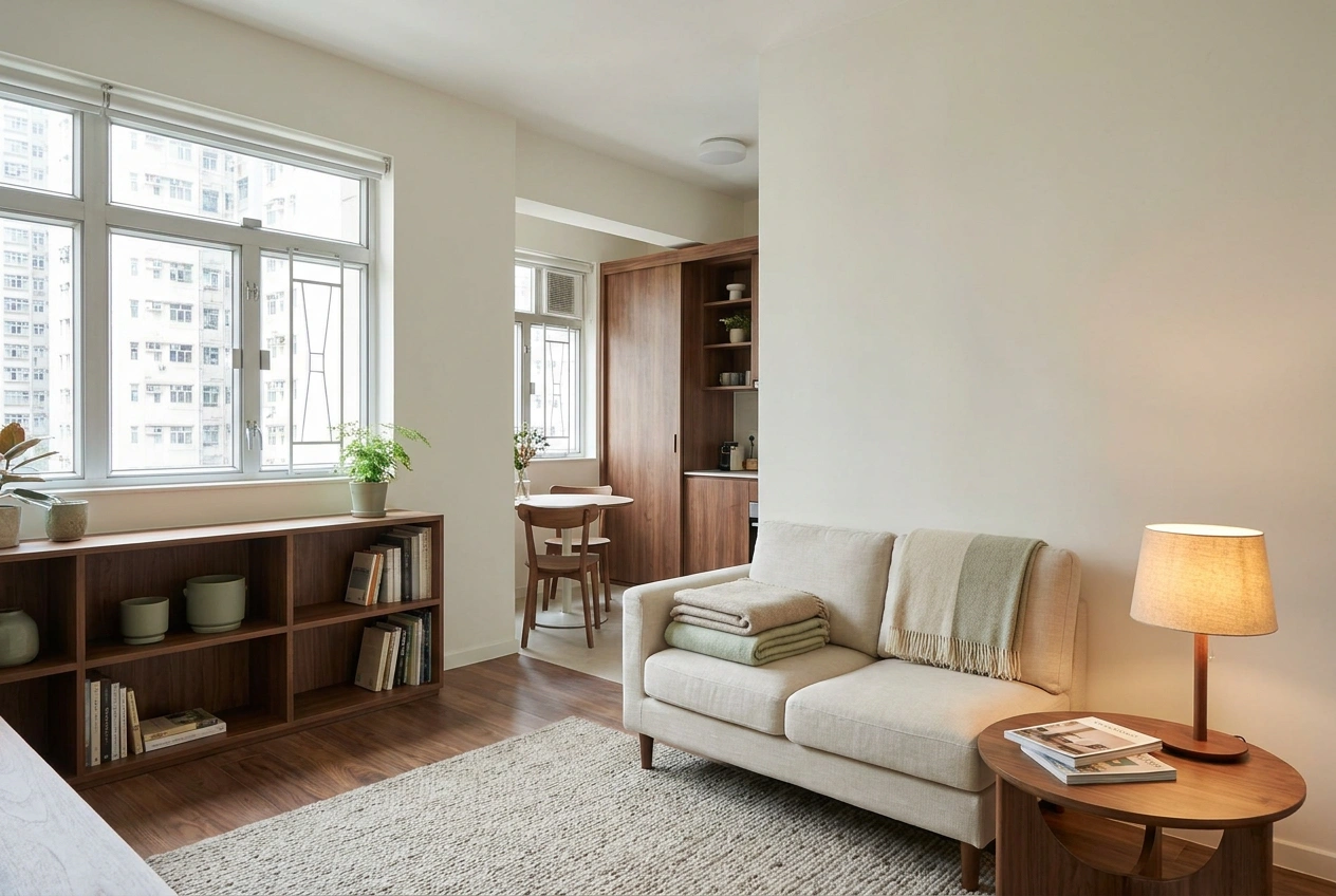 Small Hong Kong flat in Scandinavian style with a bright base, warm wood, functional furniture and clever practical storage